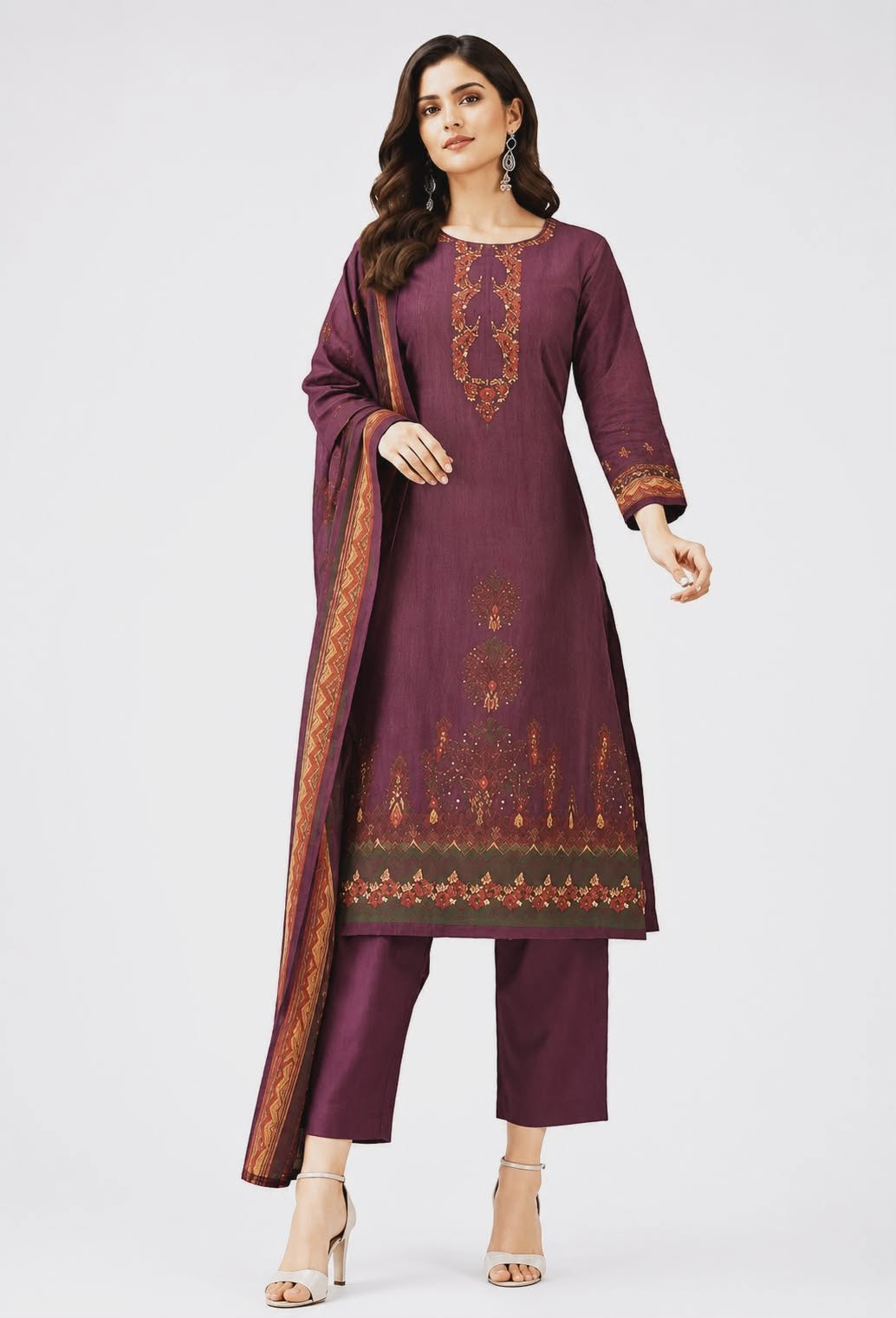 Embroidered Three-Piece — Wine Purple
